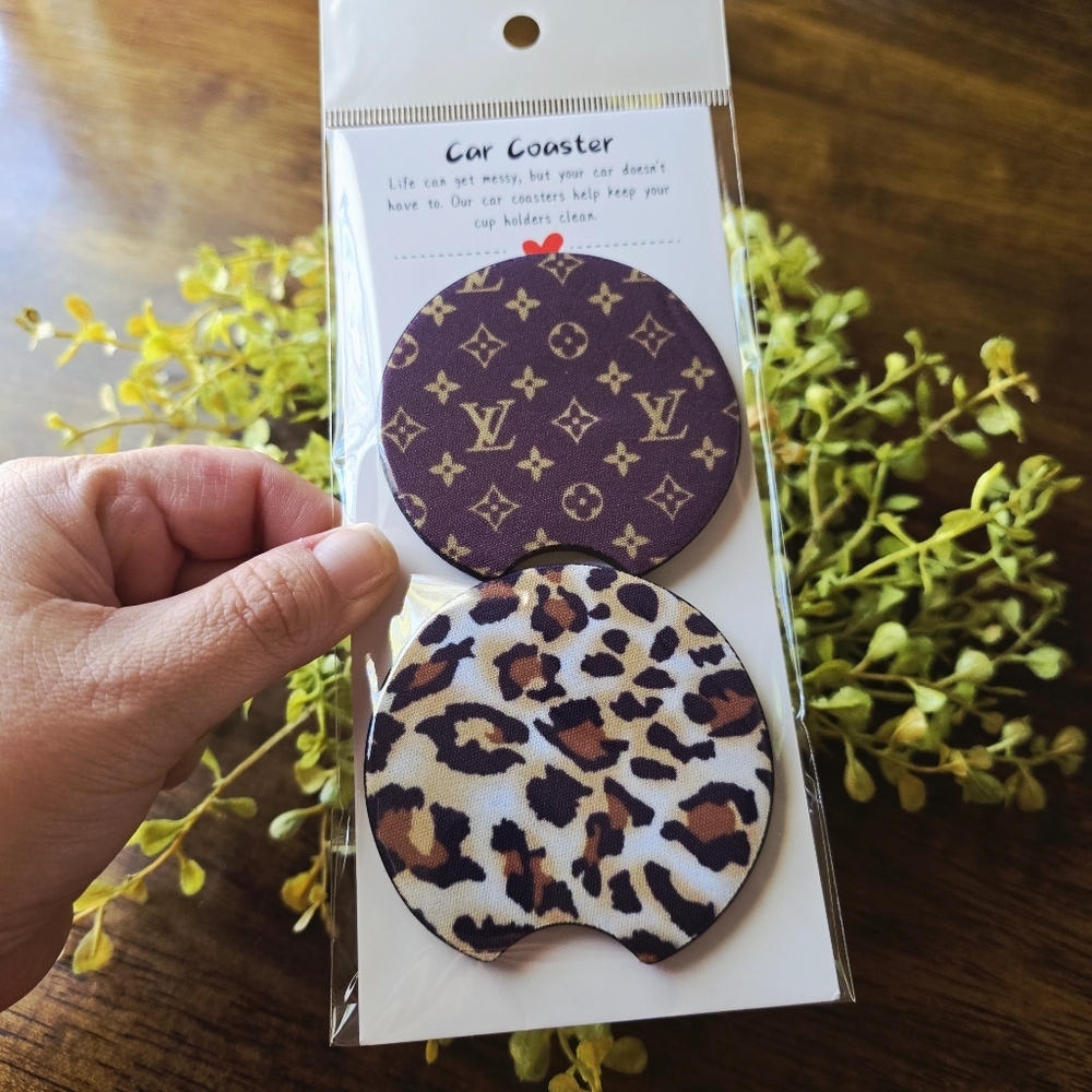 Brown and Leopard Print Car Coasters - Picture 1 of 1